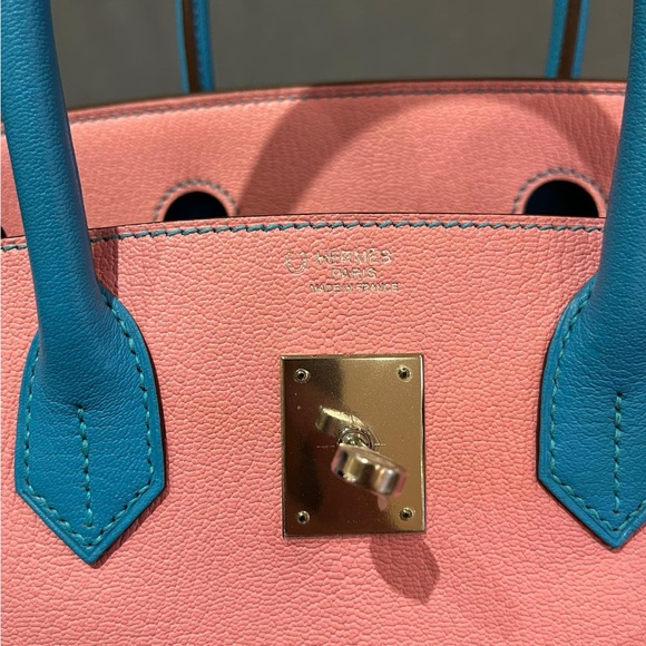 Birkin 30 Rose Confetti Bleu Azteque Chevre Bi-Color Horseshoe Bag - Picture 10 of 12